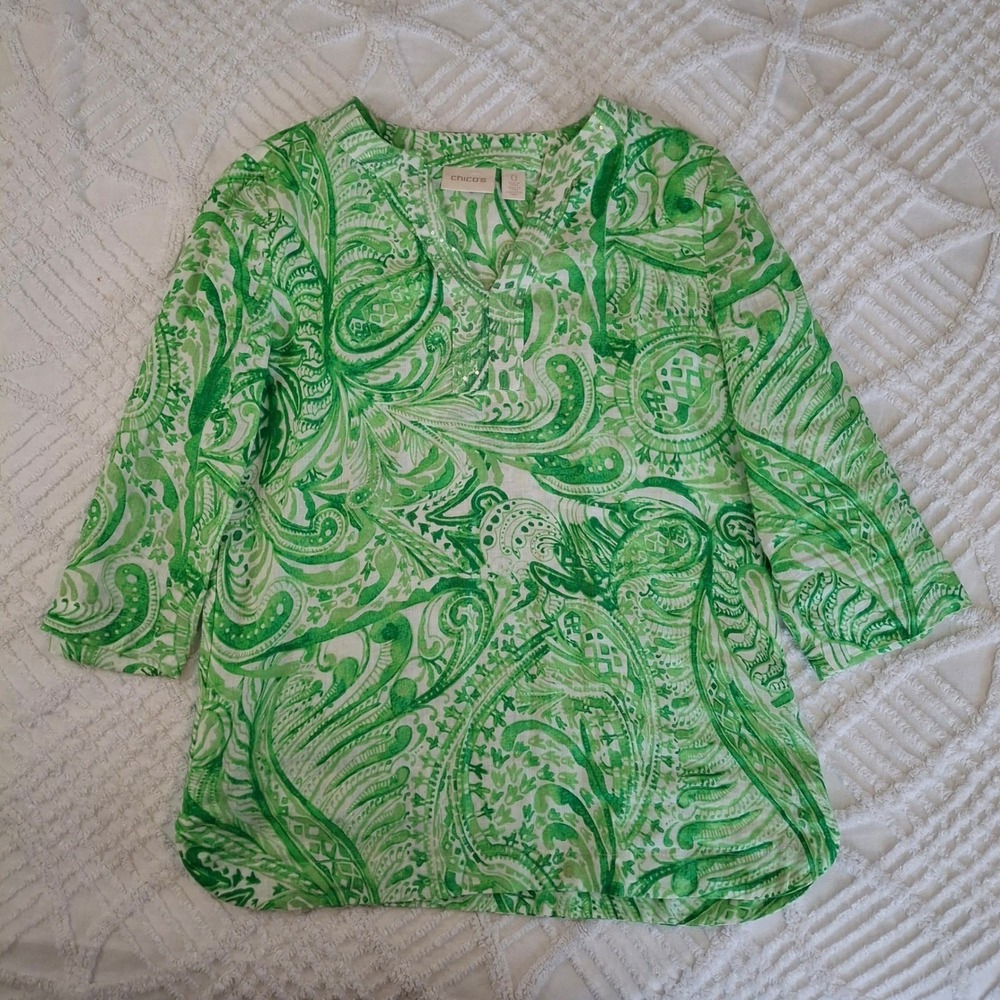 Chico's Small Green White Paisley 100% Linen Tunic Blouse Sequin Neck 3/4 Sleeve